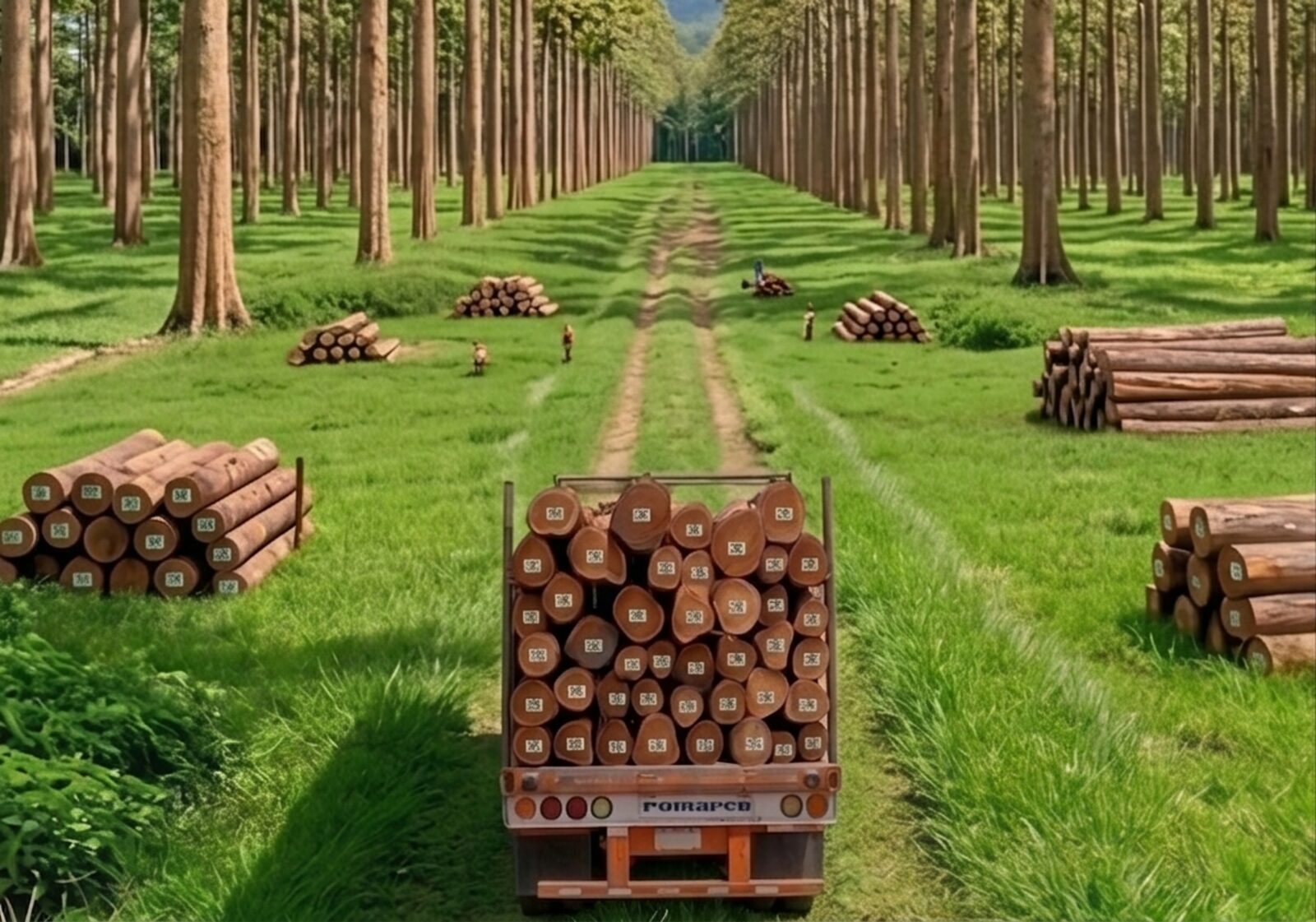 Plantación forestal con camión cargado de troncos entre hileras de árboles